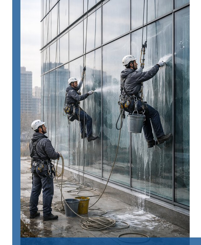 Промышленная мойка панорамных окон на высоте в Малгобеке