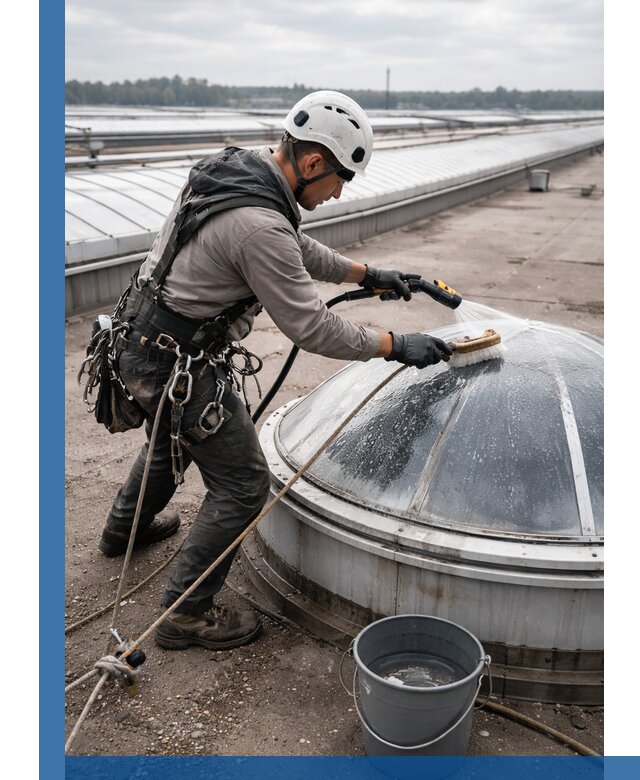 Мойка зенитных фонарей на кровле для промышленных объектов в Малгобеке