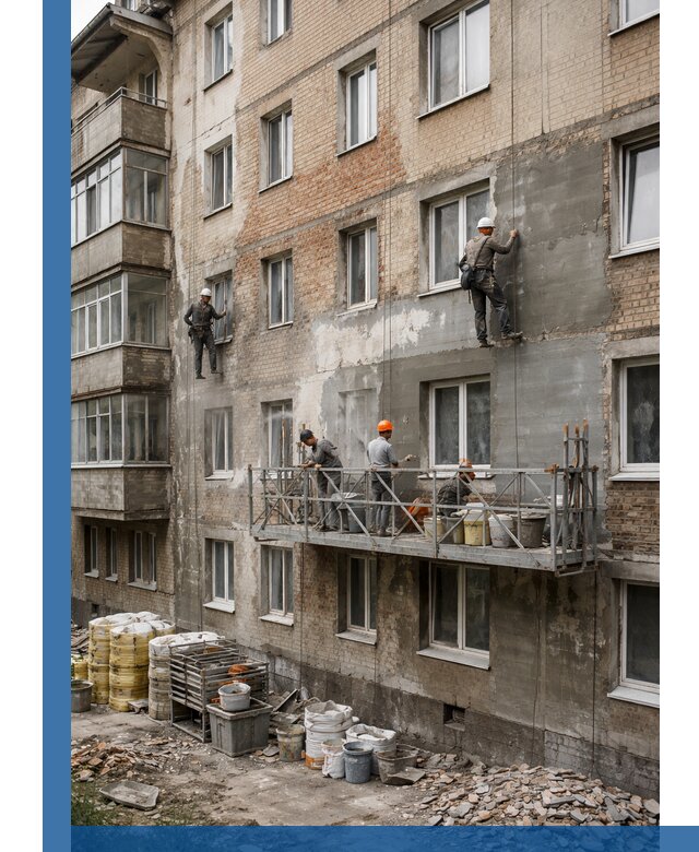 Капитальный ремонт фасада в Малгобеке с восстановлением и гидроизоляцией