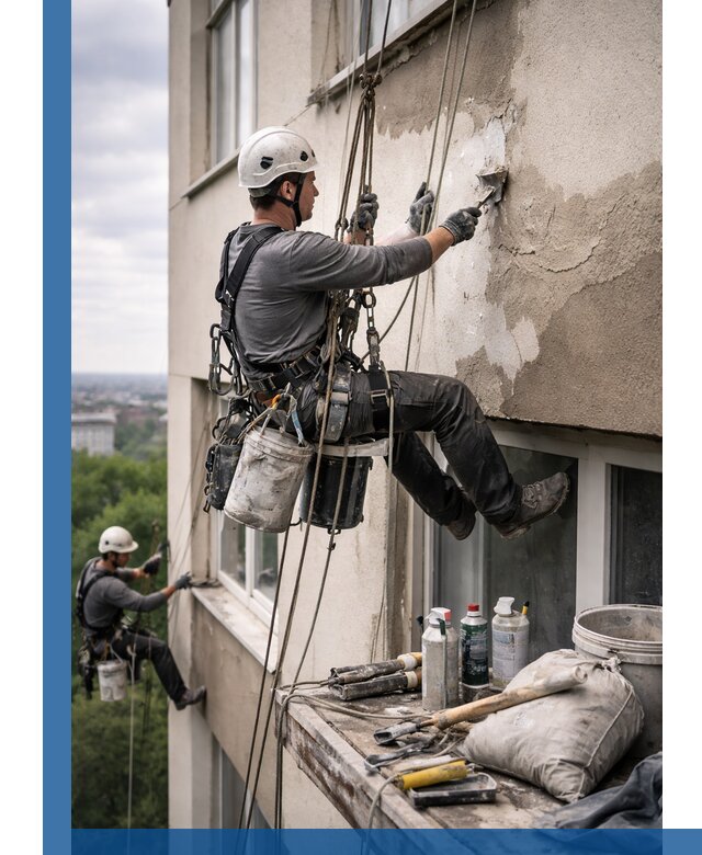 Косметический ремонт фасада зданий в Малгобеке промышленными альпинистами