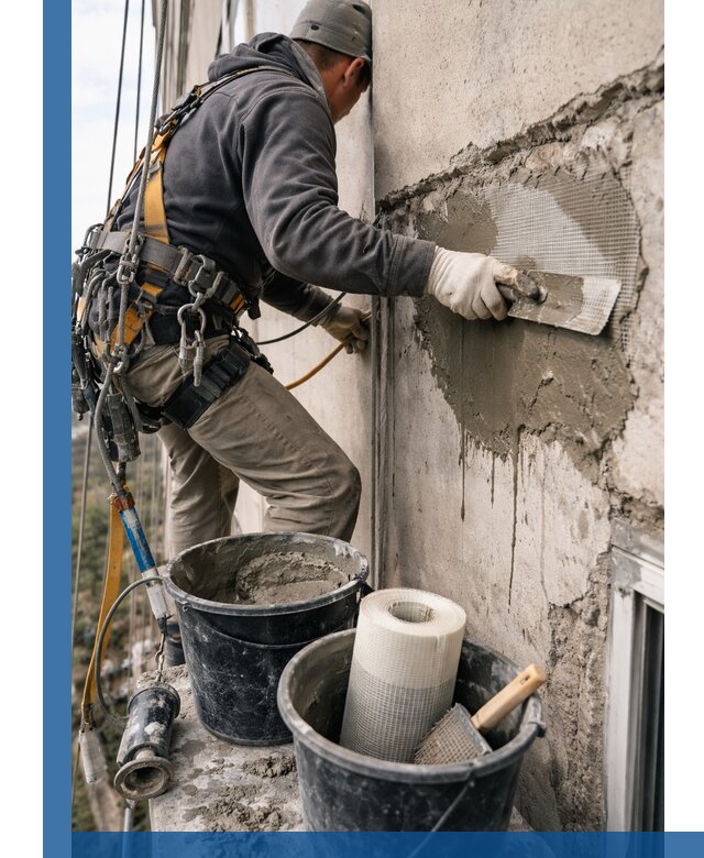 Ремонт бетонных элементов фасада промышленными альпинистами в Малгобеке