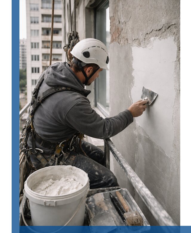 Шпаклевка фасадов на высоте с промальпинистами в Малгобеке