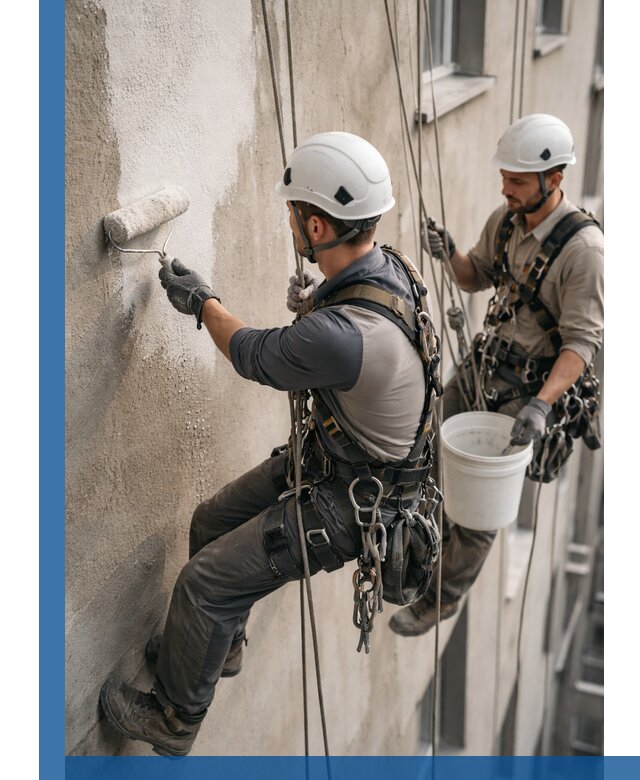 Грунтовка фасада на высоте в Малгобеке промышленными альпинистами