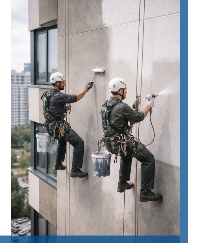 Покраска фасада альпинистами в Малгобеке от 310 р. | ВЫСОТНИК-Млг