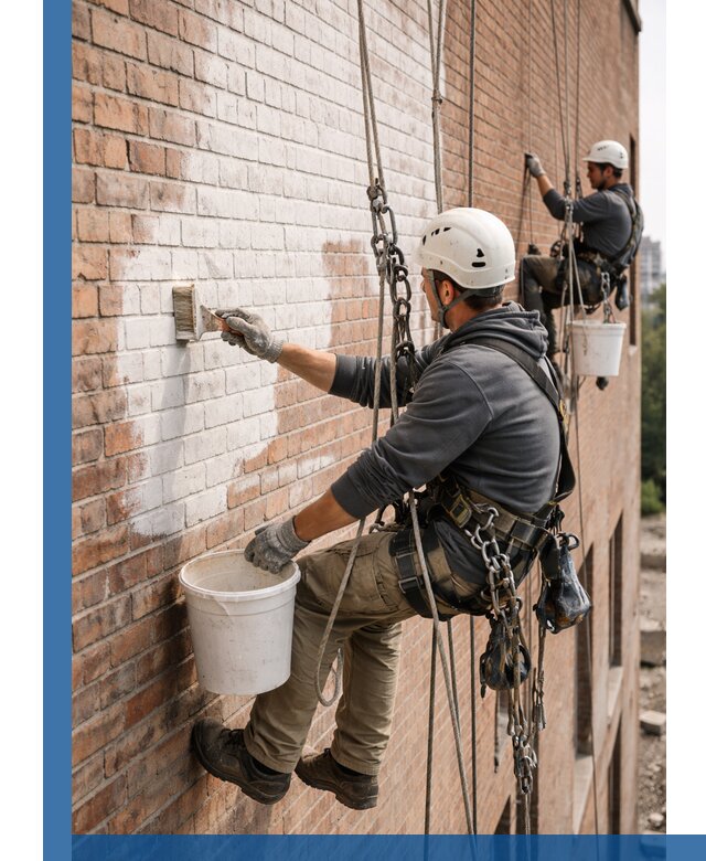 Покраска кирпичного фасада с доступным альпинистским сервисом в Малгобеке