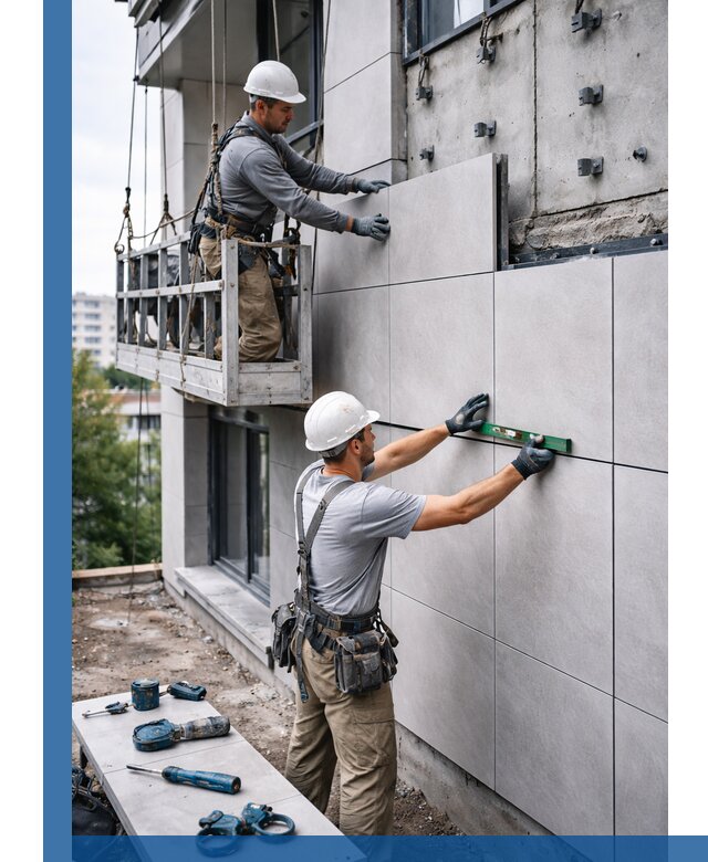 Монтаж керамогранита на фасад в Малгобеке под ключ с гарантией качества