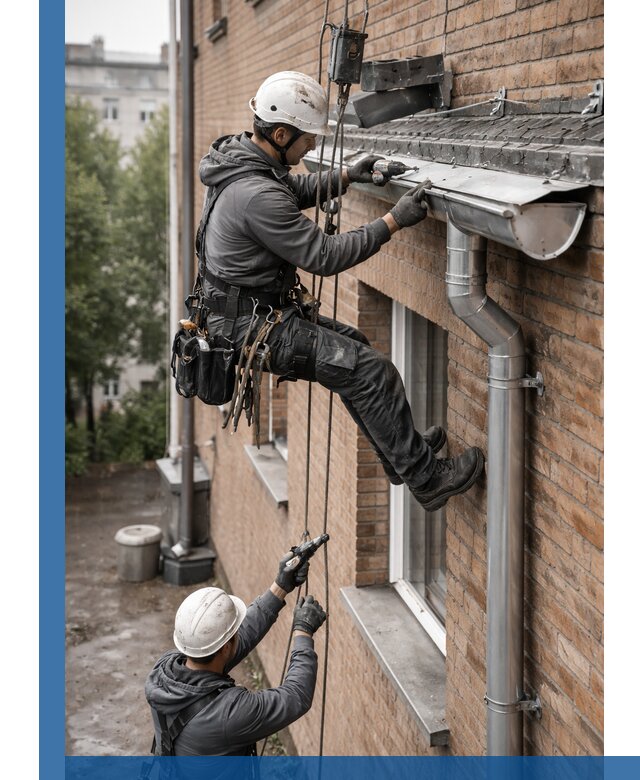 Монтаж водосточной системы на здании в Малгобеке под ключ