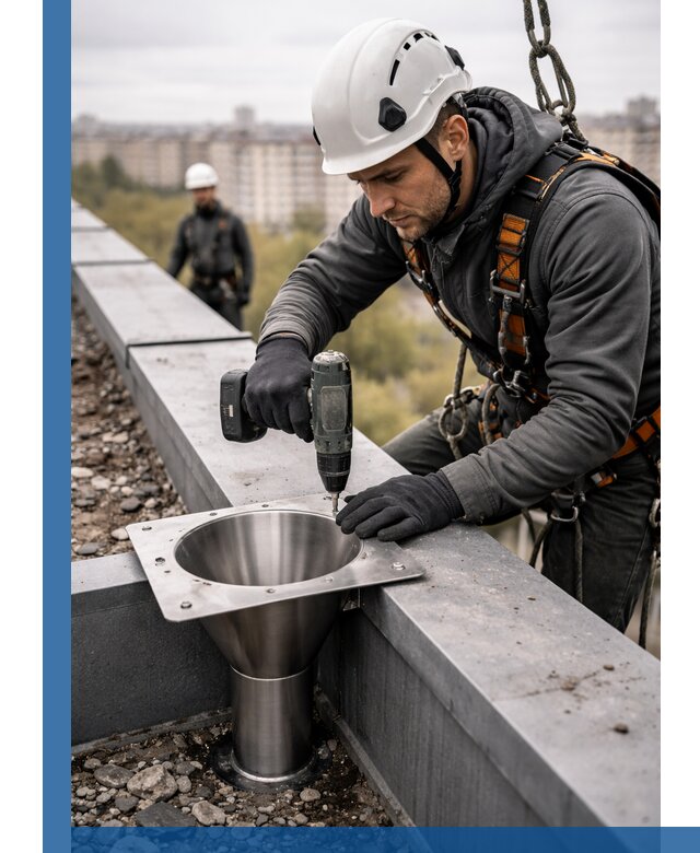 Монтаж водосточных воронок в Малгобеке для промышленных зданий