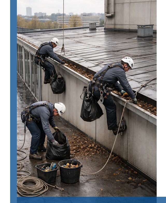 Очистка кровли по периметру в Малгобеке силами промышленных альпинистов