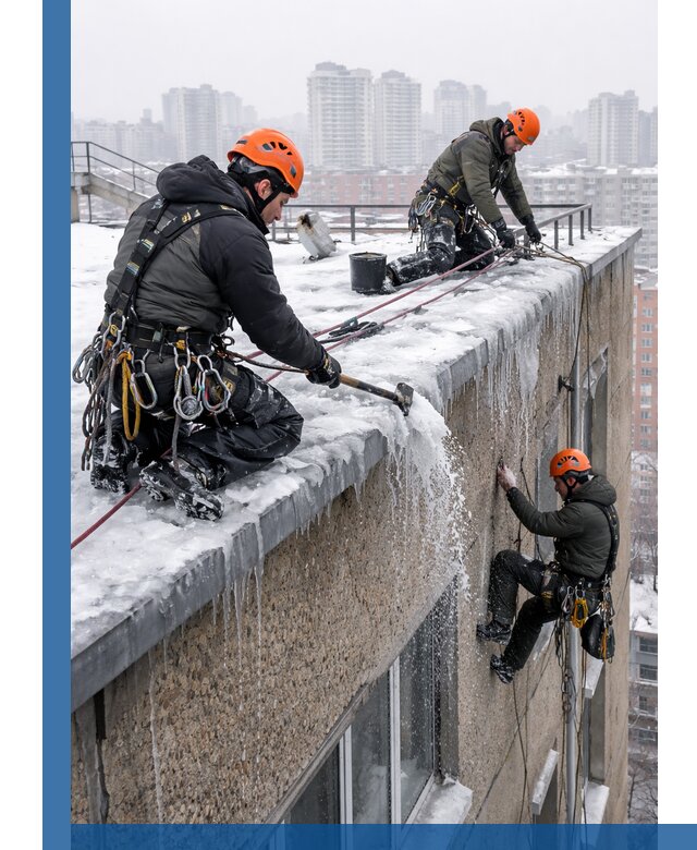 Удаление наледи с кровли в Малгобеке промышленными альпинистами