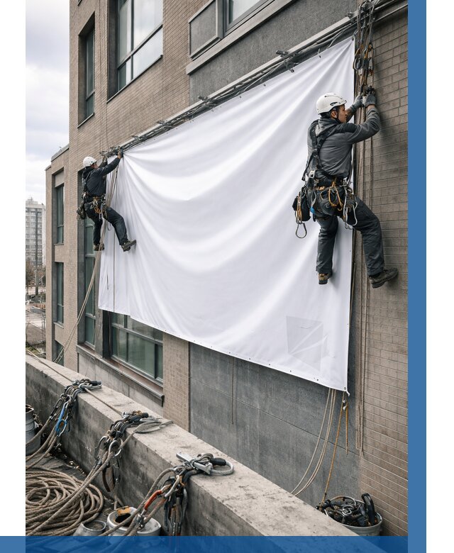 Монтаж баннеров на фасаде в Малгобеке от 671 р. заказать ВЫСОТНИК-Млг