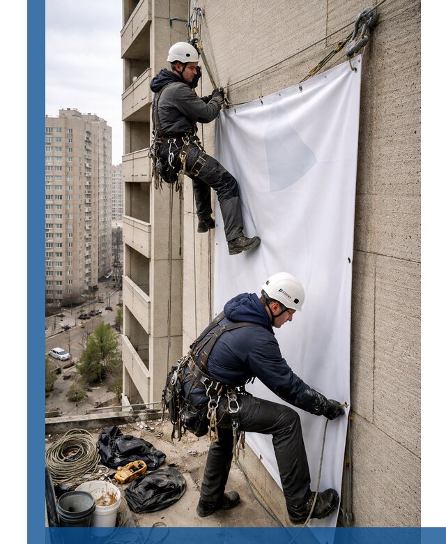 Профессиональный монтаж баннеров на фасаде в Малгобеке
