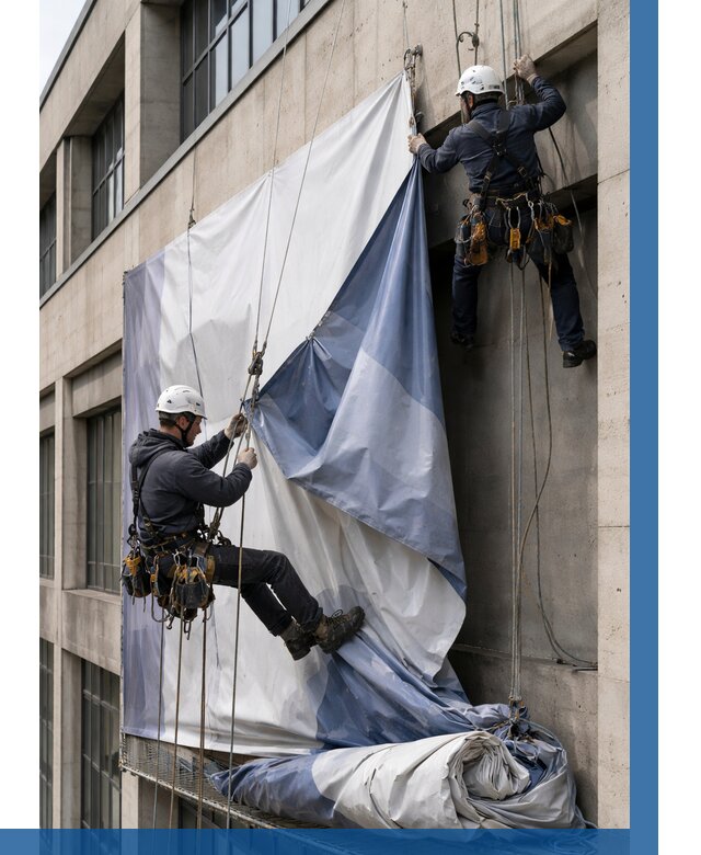 Демонтаж баннеров с фасада в Малгобеке от 4643 р. | ВЫСОТНИК-Млг