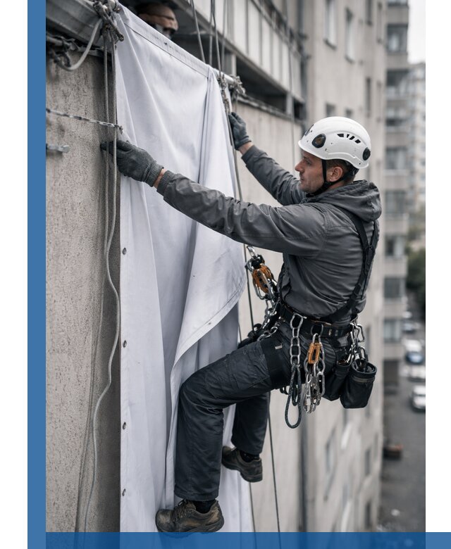 Замена баннерного полотна промышленными альпинистами в Малгобеке