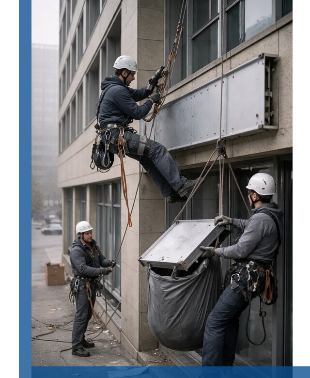 Демонтаж рекламной вывески с высотными работами в Малгобеке