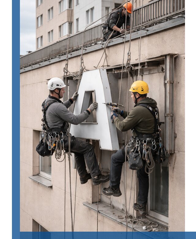Ремонт и восстановление наружных вывесок на высоте в Малгобеке