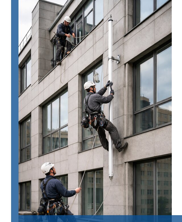 Монтаж флагштока на фасаде здания с креплением и герметикой в Малгобеке