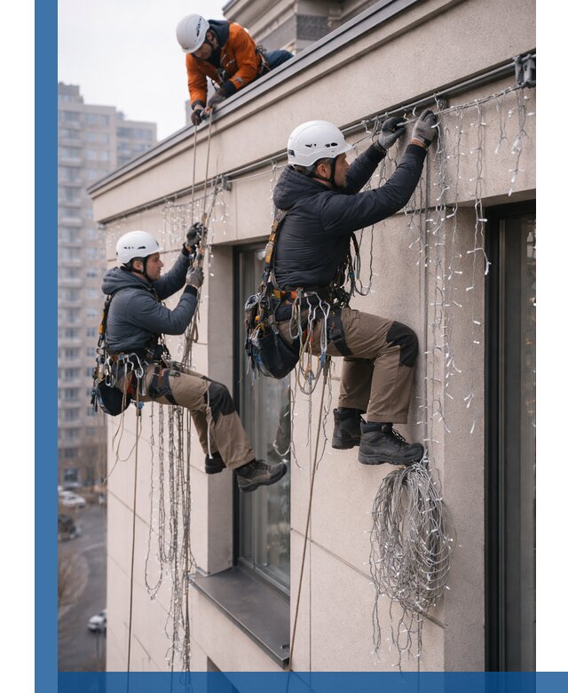 Монтаж праздничных гирлянд на фасаде в Малгобеке для зданий