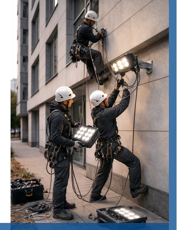 Монтаж прожекторов на фасаде в Малгобеке от 7739 р. | ВЫСОТНИК-Млг