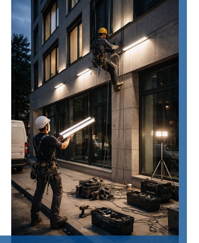 Монтаж архитектурной подсветки здания в Малгобеке от 2580 р.|ВЫСОТНИК-Млг