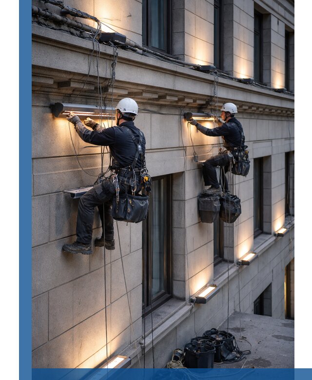 Монтаж архитектурной подсветки фасадов зданий в Малгобеке