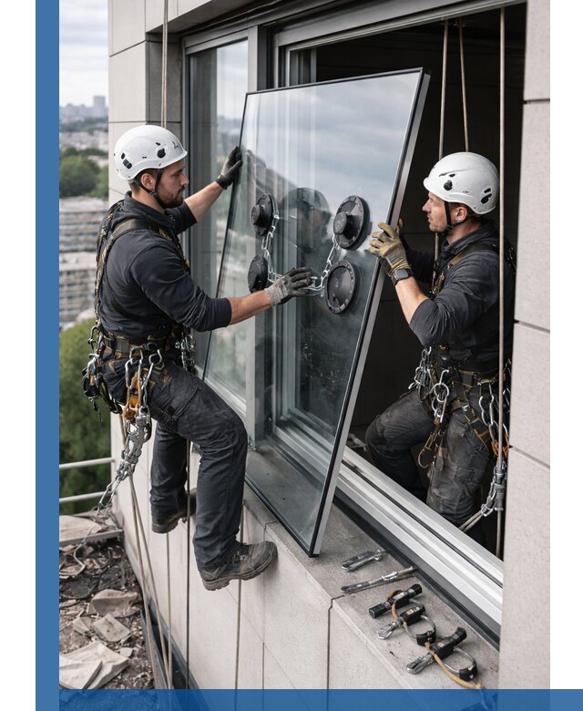 Замена стеклопакетов на высоте с промышленными альпинистами в Малгобеке