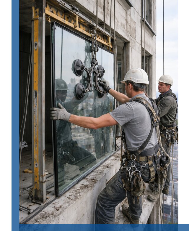 Монтаж стеклопакетов на высоте в Малгобеке с промышленным альпинизмом