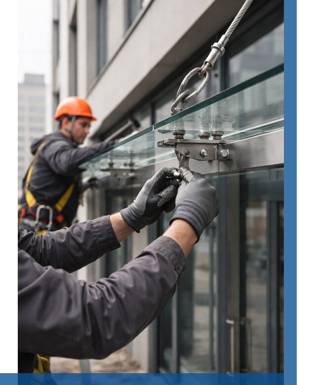 Монтаж стеклянных козырьков в Малгобеке от 8770 р. | ВЫСОТНИК-Млг