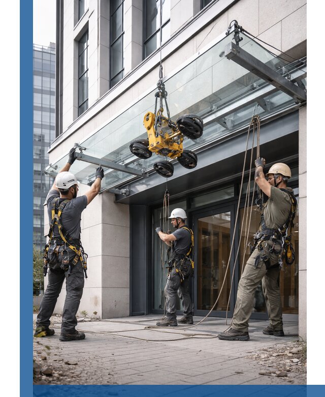 Монтаж стеклянных козырьков под ключ в Малгобеке для зданий