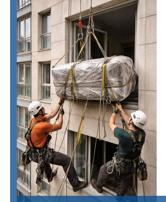 Подъем грузов через окно в Малгобеке промышленными альпинистами