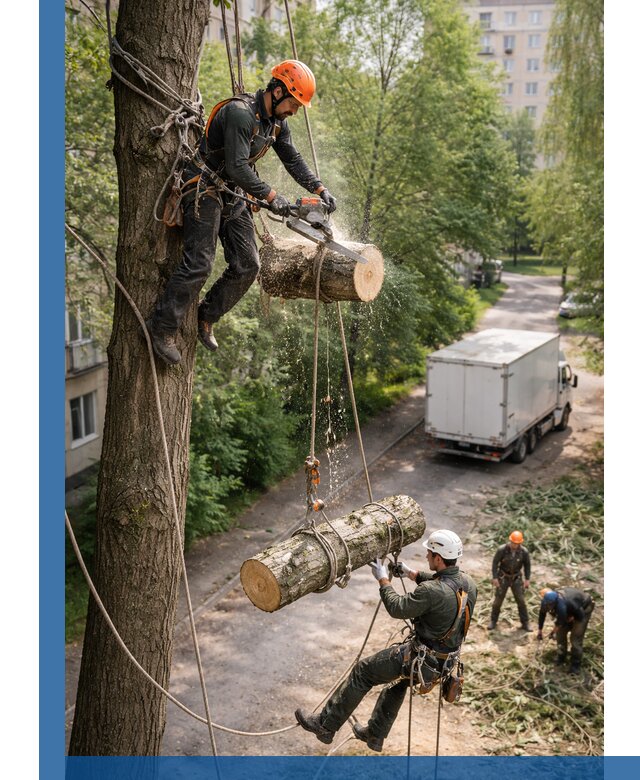 Спил деревьев альпинистами в Малгобеке, безопасно и без повреждений