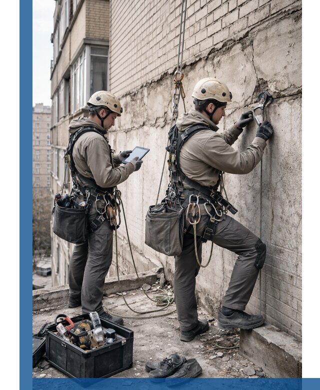 Обследование фасада промышленными альпинистами в Малгобеке